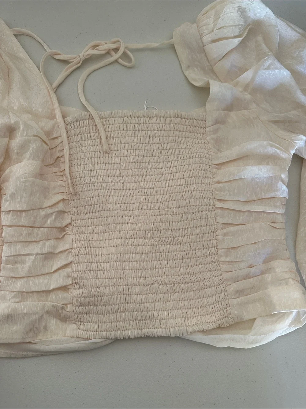 Astr Ruched Satin-Look Cream Puff Sleeve Top